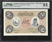 IRAN. Imperial Bank of Persia. 5 Tomans, ND (1890-1923). P-3s. Specimen. PMG Choice Uncirculated 64.
Another high-grade specimen from the Imperial Ba...