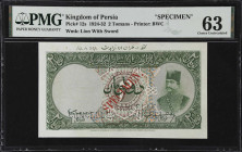 IRAN. Imperial Bank of Persia. 2 Tomans, 1924. P-12s. Specimen. PMG Choice Uncirculated 63.
Payable at Teheran only. A scarce specimen of this heavil...