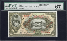 IRAN. Bank Melli Iran. 50 Rials, 1932. P-21s. Specimen. PMG Superb Gem Uncirculated 67.
An attractive high-grade specimen from Iran that was printed ...