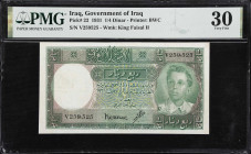 IRAQ. Government of Iraq. 1/4 Dinar, 1931. P-22. PMG Very Fine 30.
Prefix V. While not as rare as the 1/2 Dinar of this series still a rather scarce ...