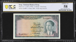 IRAQ. National Bank of Iraq. 1/4 Dinar, 1947 (ND 1950). P-27. PCGS Banknote Choice About Uncirculated 58.
Prefix E. Just the faintest touch of circul...