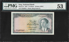 IRAQ. National Bank of Iraq. 1/4 Dinar, 1947 (ND 1950). P-27. PMG About Uncirculated 53.
Prefix F. A lightly circulated example of this popular type....