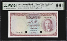 Attractive Color Trial
IRAQ. National Bank of Iraq. 1 Dinar, 1947 (ND 1953). P-34cts. Color Trial Specimen. PMG Gem Uncirculated 66 EPQ.
A lovely co...