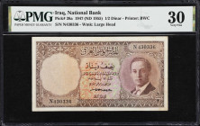 IRAQ. National Bank of Iraq. 1/2 Dinar, 1947 (ND 1955). P-38a. PMG Very Fine 30.
Prefix N. An evenly circulated and problem-free circulated note from...