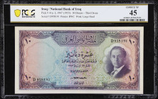 IRAQ. National Bank of Iraq. 10 Dinars, 1947 (1955). P-41a. PCGS Banknote Choice Extremely Fine 45.
Prefix D. A mid-grade example of this popular typ...