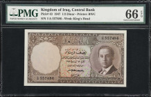 IRAQ. Central Bank of Iraq. 1/2 Dinar, 1947 (ND 1959). P-43. PMG Gem Uncirculated 66 EPQ.
Prefix 1/A. The nicest example of this type in the present ...