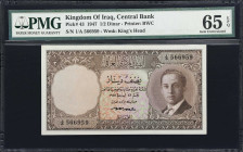 IRAQ. Central Bank of Iraq. 1/2 Dinar, 1947 (ND 1959). P-43. PMG Gem Uncirculated 65 EPQ.
Prefix 1/A. Lovely Gem Uncirculated example of this importa...