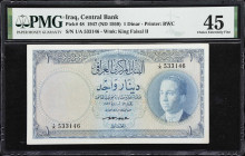 IRAQ. Central Bank of Iraq. 1 Dinar, 1947 (ND 1959). P-48. PMG Choice Extremely Fine 45.
Prefix 1/A. An underrated type from Iraq that is much more d...