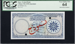 IRAQ. Central Bank of Iraq. 1 Dinar, ND (1959). P-53s. Specimen. PCGS Currency Very Choice New 64.
A scarce specimen from the first 1 Dinar of the Ce...