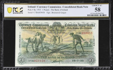 IRELAND. Bank of Ireland. 1 Pound, 26.7.1933. P-8a. CBI 1. PCGS Banknote Choice About Uncirculated 58.
Popular ploughman issue in high grade. While i...