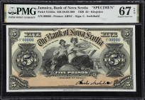 JAMAICA. Bank of Nova Scotia. 5 Pounds, 2.1.1920. P-S132bs. Specimen. PMG Superb Gem Uncirculated 67 EPQ.
Tied for finest in the PMG population repor...