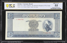 JORDAN. Hashemite Kingdom of the Jordan. 10 Dinars, 1949. P-4a. PCGS Banknote About Uncirculated 55.
First prefix. A nice example of the highest deno...