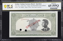 JORDAN. Hashemite Kingdom of Jordan. 1 Dinar, L. 1949 (1952). P-6bs. Specimen. PCGS Banknote Gem Uncirculated 65 PPQ.
A rare specimen from the second...