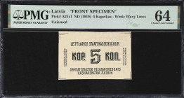 LATVIA. Latwijas Walsts Kases Sihme. 5 Kapeikas, ND (1919). P-A21s2. Back Specimen. PMG Choice Uncirculated 64.
The first in an extremely rare trio o...