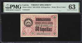 LATVIA. Latwijas Walsts Kases Sihme. 50 Kapeikas, ND (1919). P-A23s1. Front Specimen. PMG Choice Uncirculated 63.
The final lot in this extremely rar...