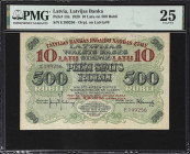 LATVIA. Latvijas Bank. 10 Latu on 500 Rubli, 1920. P-13a. PMG Very Fine 25.
Provisional issue overprinted on notes denominated in Rubli. Introduced i...