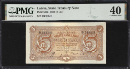 LATVIA. Latvijas Valsts Kases. 5 Lati, 1926. P-23a. PMG Extremely Fine 40.
In 1922, Latvia adopted the Lati as its national currency, replacing the R...