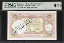 LEBANON. Banque de Syrie et du Liban. 1 Livre, 1939. P-15cts. PCLB 50ct. Color Trial Specimen. PMG Choice Uncirculated 64 EPQ.
A highly attractive co...