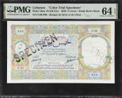 LEBANON. Banque de Syrie et du Liban. 5 Livres, 1939. P-16cts. PCLB 51ct. Color Trial Specimen. PMG Choice Uncirculated 64 EPQ.
The next denomination...