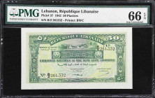 LEBANON. Republique Libanaise. 50 Piastres, 1.8.1942. P-37. PCLB 75. PMG Gem Uncirculated 66 EPQ.
Lovely Gem Uncirculated example of this popular typ...