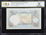 LEBANON. Banque de Syrie et du Liban. 1 Livre, 1945. P-48a. PCLB 66a. PCGS Banknote Choice About Uncirculated 58.
The scarcer 1945 date for this issu...