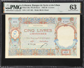 LEBANON. Banque de Syrie et du Liban. 5 Livres, 1950. P-49a. PCLB 67b. PMG Choice Uncirculated 63.
A type that is typically encountered in heavily ci...