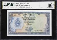 LIBYA. Bank of Libya. 1 Pound, 1963. P-25. PMG Gem Uncirculated 66 EPQ.
Tied for finest in the PMG population report for this popular issue from Liby...