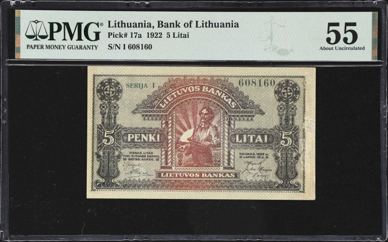 LITHUANIA. Lietuvos Bankas. 5 Litai, 16.11.1922. P-17a. PMG About Uncirculated 5...