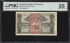 LITHUANIA. Lietuvos Bankas. 5 Litai, 16.11.1922. P-17a. PMG About Uncirculated 55.
Green serial number. The key type of the 1922 series of Lithuania ...