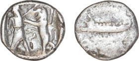 Greek
SAMARIA, Samarian-signed Series. Circa 375-333 BC. AR Obol (10 mm, 0.68 g). Galley left; ŠMRYN (in Aramaic) above, waves below / Persian king, s...