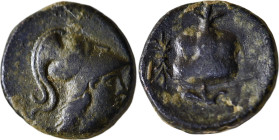 Greek
Side, Pamphylia, AE (15 mm, 4.40 g) ca. 310-380 BC.
Obv: Helmeted head of Athena right.
Rev: ΣIΔH, pomegranate on a stalk.