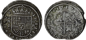 Philip V 1700-1746 . 2 reales. 1717. Madrid. J. (Cal-770). Ag. (27 mm, 6.00 g) . Ex Aureo (16/03/1993), lot 417. Choice VF.