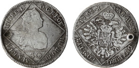 Maria Theresa, RDR
30 Kreuzer 1765. Prague.
Flan defect. (28 mm, 6.32 g.
Rare
