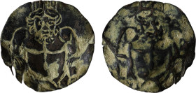 Antique looks like a unique piece of art featuring an engraving showing a strange looking man, with his upper body muscular, wearing a crown on his he...