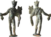 A Roman statue made of bronze, featuring fine artistic details that reflect the skill of sculpture in the Roman era. The statue depicts a man wearing ...