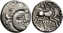CELTIC, Northwest Gaul. Abrincatui. Circa 60-50 BC. Stater (Billon, 20 mm, 6.47 g, 6 h), 'au profil luniforme - à la joue ornée' type. Celticized head...