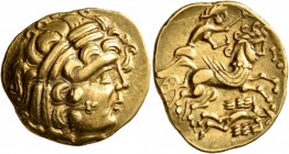 CELTIC, Northwest Gaul. Aulerci Cenomani. 2nd century BC. Stater (Gold, 21 mm, 7.65 g, 4 h), 'aux objets ovoides - personnage aux deux ailes' type. Ce...
