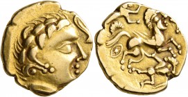 CELTIC, Northwest Gaul. Aulerci Cenomani. 2nd century BC. Stater (Gold, 20 mm, 7.29 g, 7 h), 'aux objets ovoides - personnage apère aux deux armes' ty...