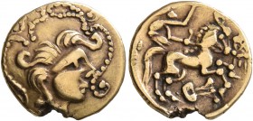 CELTIC, Northwest Gaul. Baiocassi. Late 2nd to mid 1st century BC. Quarter Stater (Electrum, 13 mm, 1.84 g, 12 h), 'au lyre' type. Celticized male hea...