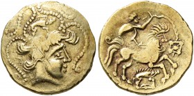 CELTIC, Northwest Gaul. Baiocassi. Late 2nd to mid 1st century BC. Quarter Stater (Electrum, 13 mm, 1.91 g, 10 h), 'aux sangliers' type. Celticized he...