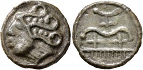 CELTIC, Northwest Gaul. Durocassi. Circa 50-30 BC. Cast unit (Potin, 18 mm, 3.08 g, 10 h), 'type de Bû'. Celticized male head to left, with hair endin...
