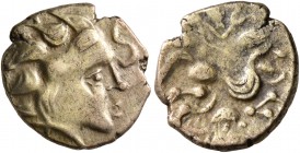 CELTIC, Northwest Gaul. Namnetes. Late 2nd to mid 1st century BC. Quarter Stater (Electrum, 12 mm, 1.78 g, 2 h), 'a l'hippophore' type. Celticized hea...