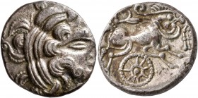 CELTIC, Northwest Gaul. Redones. Circa 60-50 BC. Stater (Billon, 21 mm, 6.46 g, 6 h), 'au profil imberbe' type. Celticized laureate head of Apollo to ...