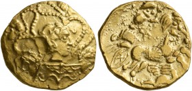 CELTIC, Northwest Gaul. Veneti. 2nd century BC. Stater (Gold, 20 mm, 7.73 g, 11 h), 'à la petite tête nue'. Celticized head of Apollo to right, with s...