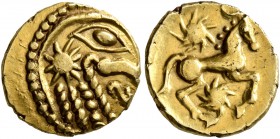 CELTIC, Northeast Gaul. Bellovaci. Circa 60-30/25 BC. Quarter Stater (Gold, 12 mm, 1.48 g, 6 h), 'à l'astre' type. Devolved and disjointed male head t...