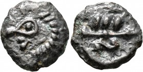 CELTIC, Northeast Gaul. Bellovaci. Circa 60-30/25 BC. Cast unit (Potin, 17 mm, 3.90 g, 6 h), 'aux chevrons - type dérivés'. Disjointed head to left, w...