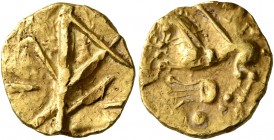 CELTIC, Northeast Gaul. Nervii. 2nd century BC. Quarter Stater (Gold, 13 mm, 1.94 g, 7 h), 'à la lyre' type. Vertical line with diagonal lines at vari...