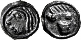 CELTIC, Northeast Gaul. Remi. Mid to late 2nd century BC. Cast unit (Potin, 18 mm, 4.16 g, 10 h), 'à la tête humaine de face' type. Male head to left,...