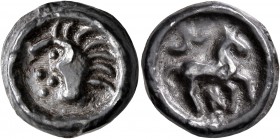 CELTIC, Northeast Gaul. Suessiones (?). Circa 50-30 BC. Cast unit (Potin, 17 mm, 5.03 g, 3 h). Male head to left with long strands of hair; before, th...