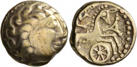 CELTIC, Central Gaul. Aedui. Late 2nd to first half of 1st century BC. Stater (Electrum, 17 mm, 7.00 g, 11 h), 'à la roue' type. Celticized male head ...